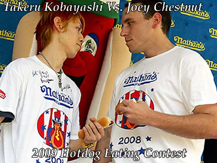 takeru kobayashi vs joey chestnut hotdog eating contest 2009 nathan Takeru Kobayashi Vs. Joey Chestnut in 2009 Hot Dog Eating Contest!  & Who Can Stuff The Most Dogs The Quickest?